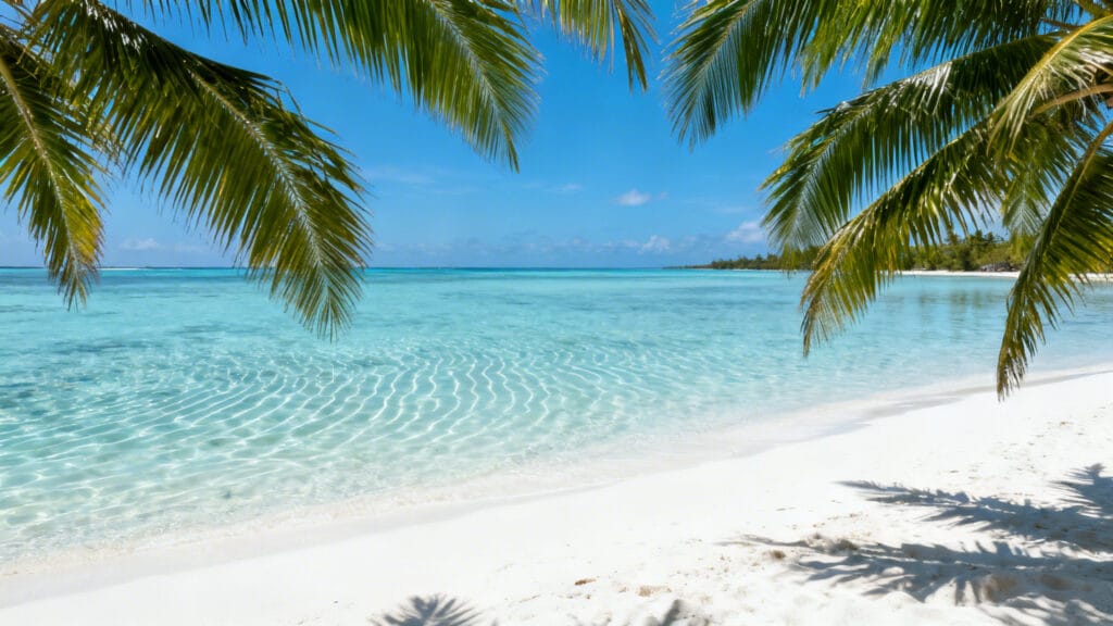Plage de sable blanc, lagon turquoise très calme