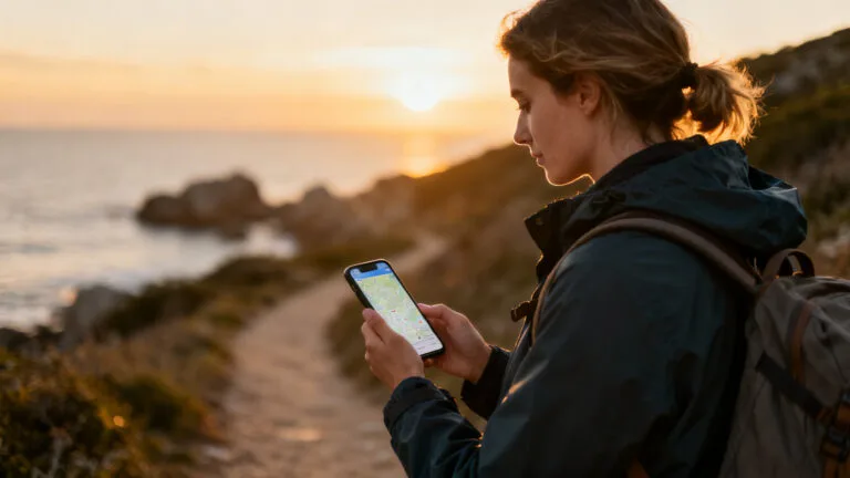 Voyageuse utilisant Maps.me pour navigation GPS hors ligne