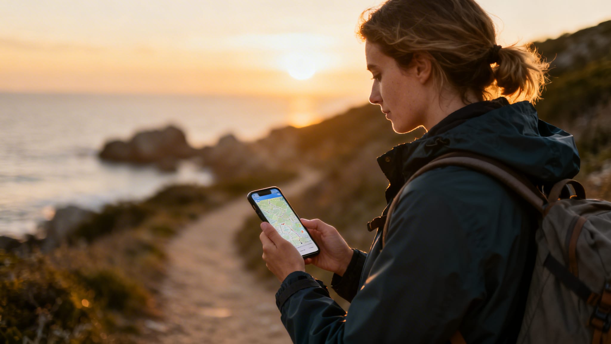 Voyageuse utilisant Maps.me pour navigation GPS hors ligne