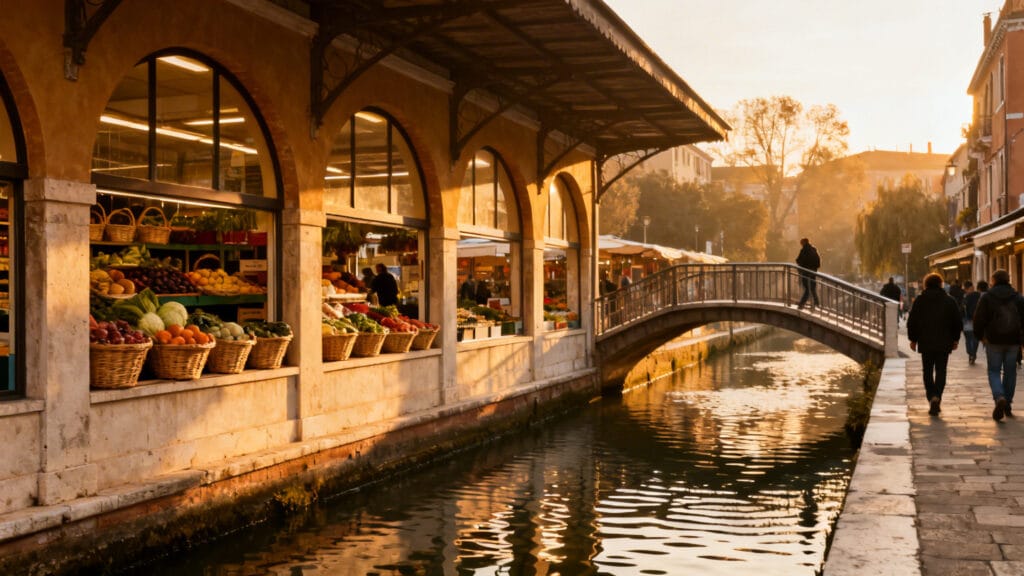 Petit pont piéton près d’un marché couvert au bord du canal