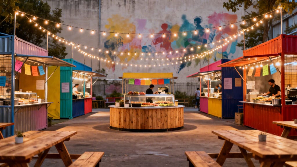 Food court en plein air, stands variés et street art