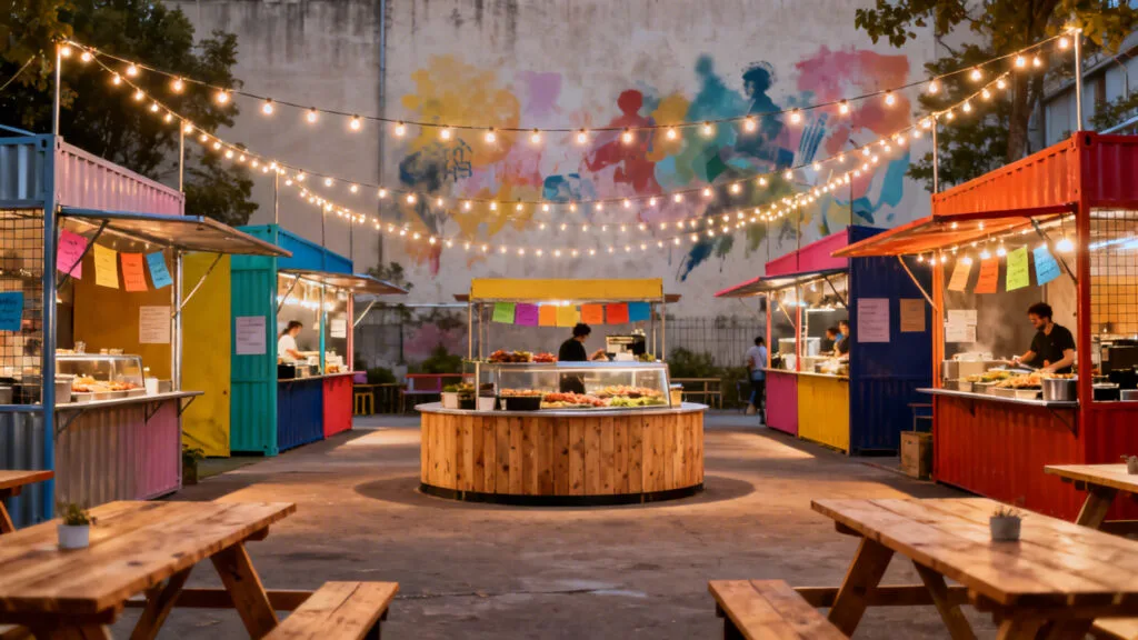 Food court en plein air, stands variés et street art
