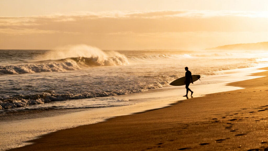 Vagues atlantiques douces et surfeur au coucher