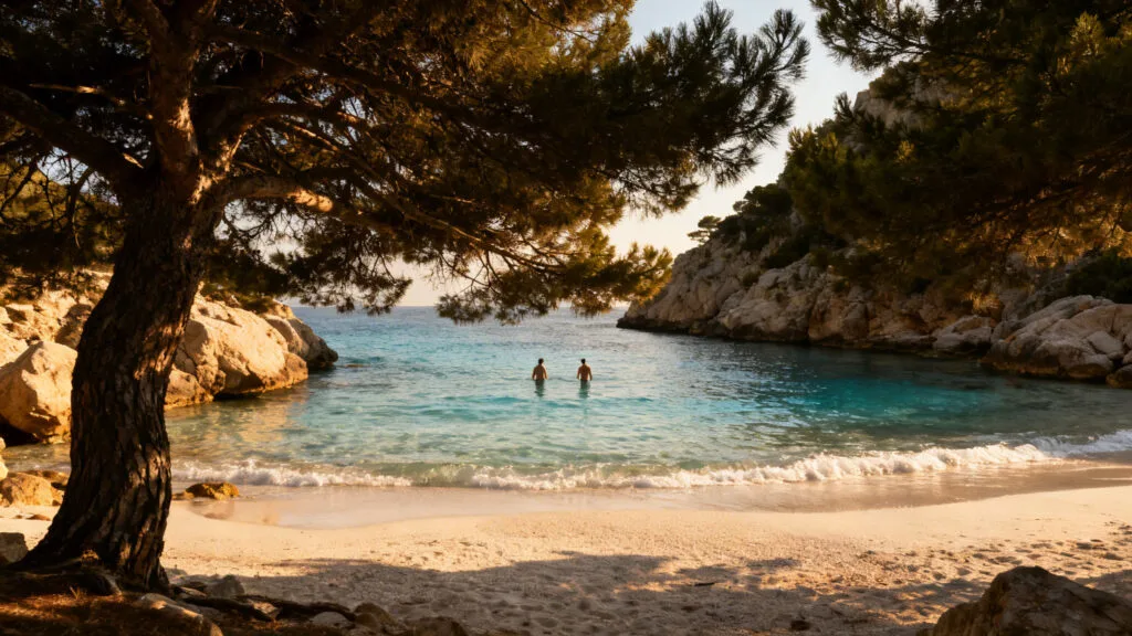 Cala sauvage de Minorque, eau claire et pins ombragés