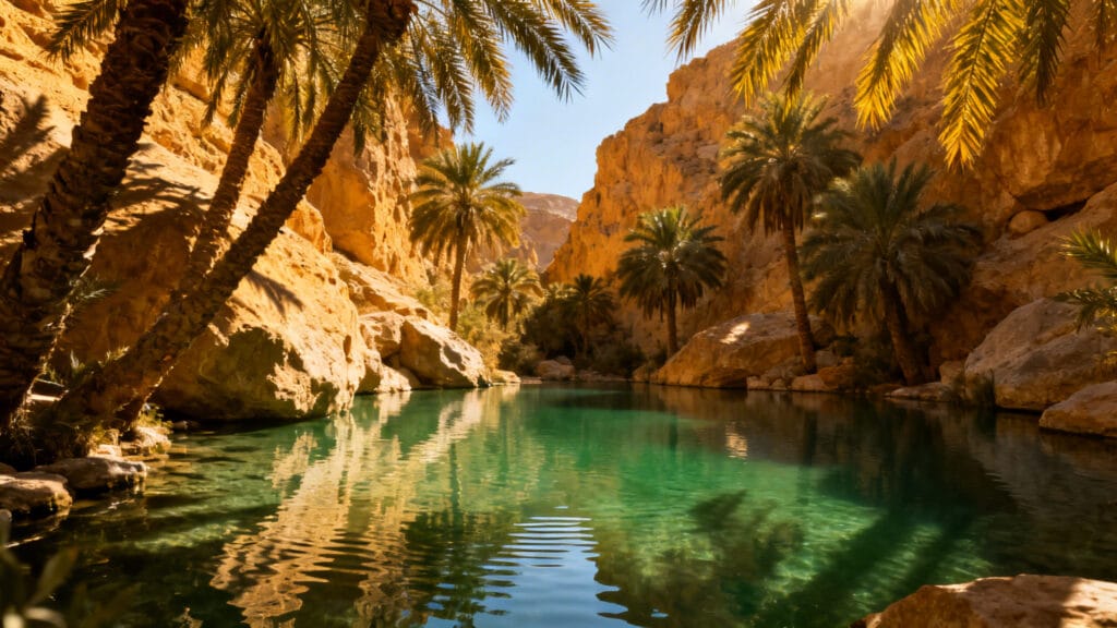 Bassin naturel vert, palmiers et roches au soleil