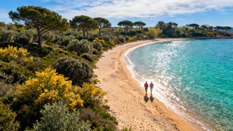 Baie ensoleillée au printemps, mer turquoise et sable doré