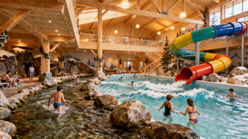Rivière sauvage et piscine à vagues, parc aquatique près de la frontière