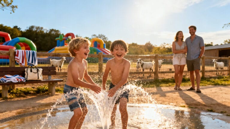 Famille au Parc du Griffon près des jeux d’eau, ambiance estivale