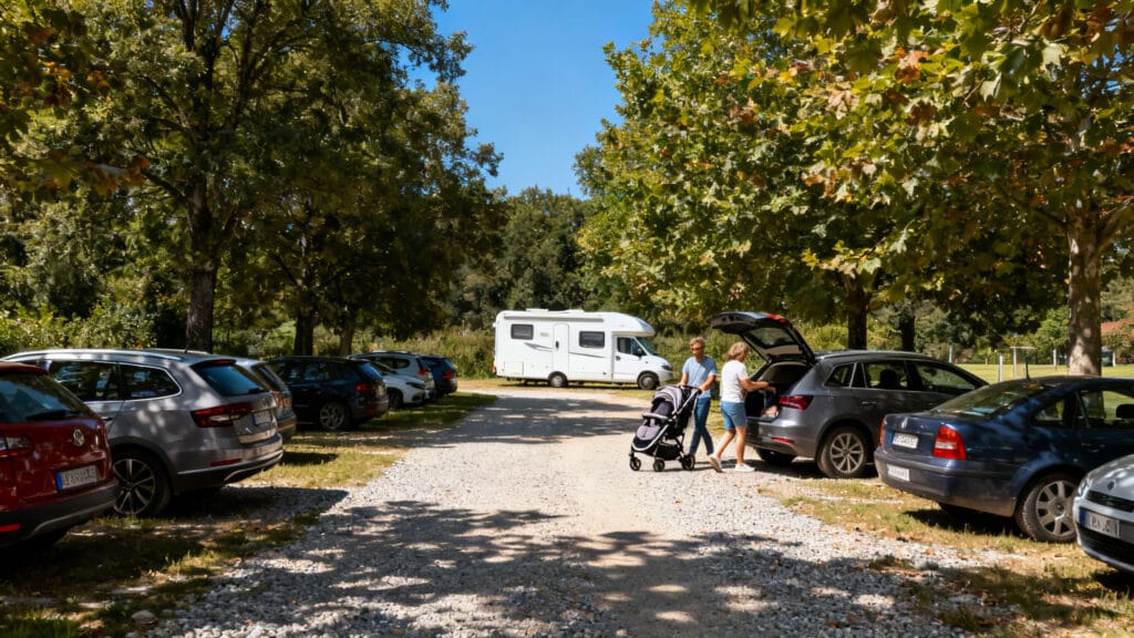 Parking ombragé avec poussette et camping-car proche de l’entrée