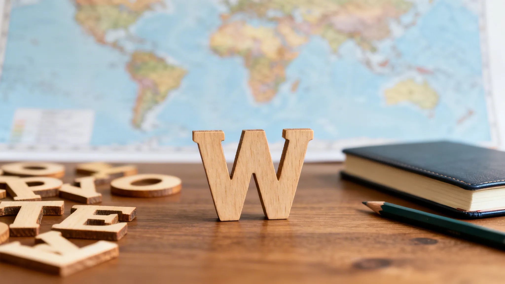 Lettre W en gros plan, carte du monde en arrière-plan
