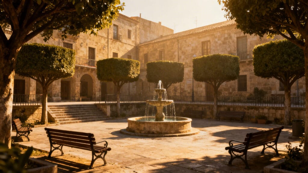 Petite place ombragée avec fontaine et terrasses calmes