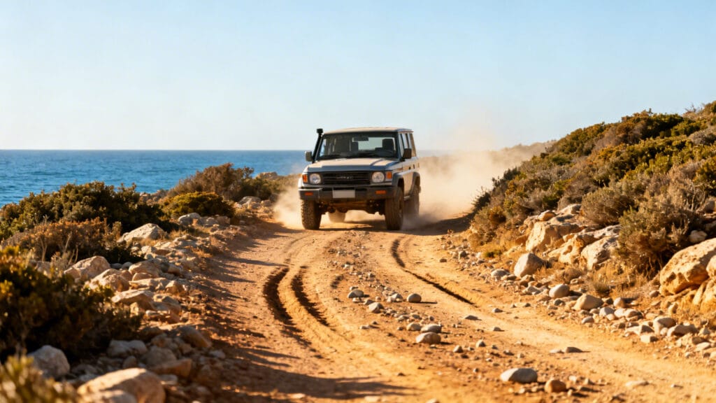 4x4 sur piste caillouteuse au milieu du maquis côtier