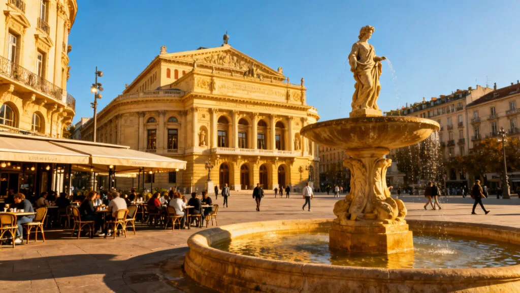 Grande place animée, terrasses et fontaine au centre-ville