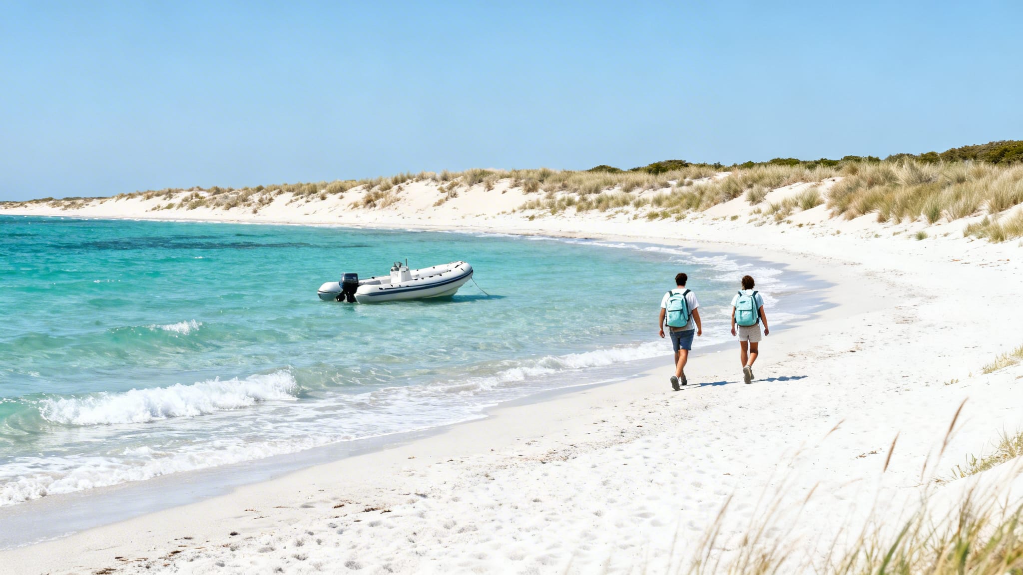 Plage sauvage de sable blanc avec eau turquoise et bateau