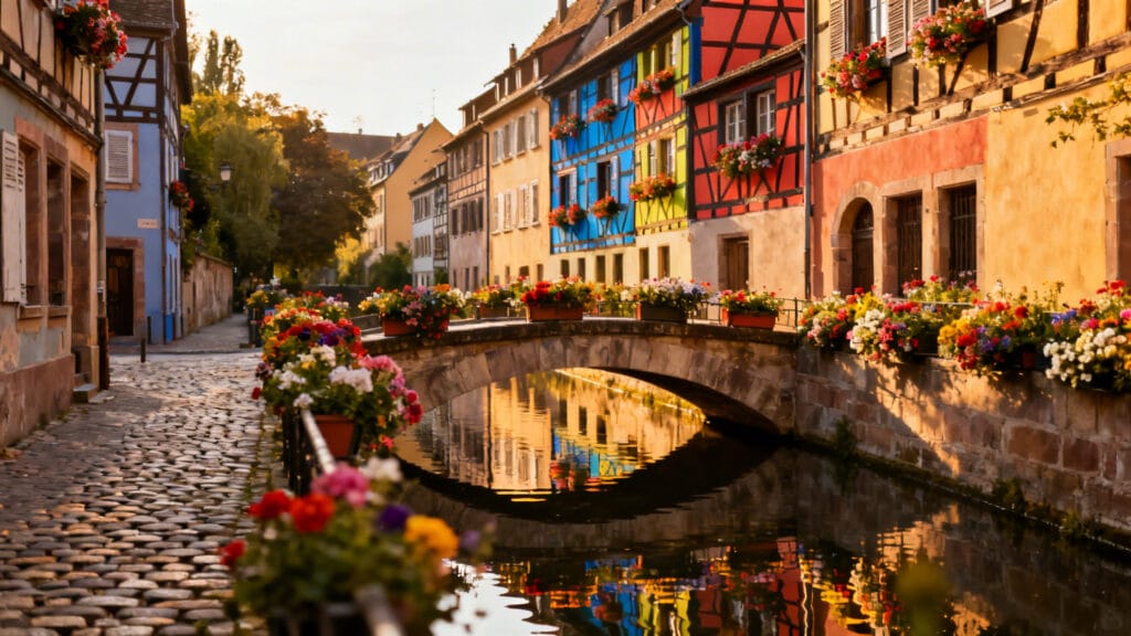 Façades colorées et maisons à colombages au bord d’un canal