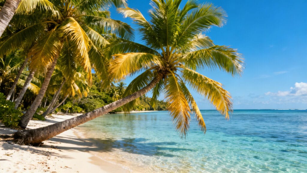 Cocotiers au bord d’une eau chaude et calme