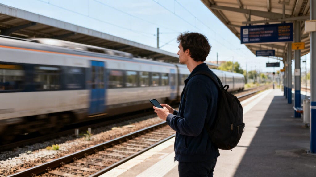Voyageur sur quai TER vérifiant horaires et correspondances