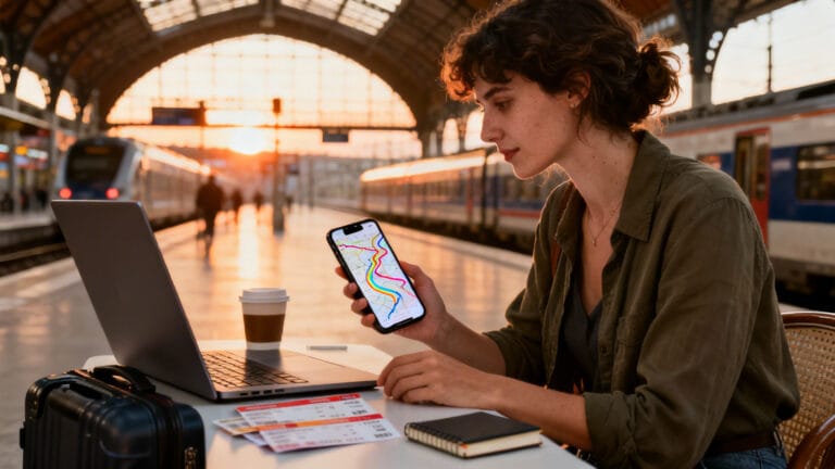Voyageuse comparant trajets multimodaux avec Rome2Rio