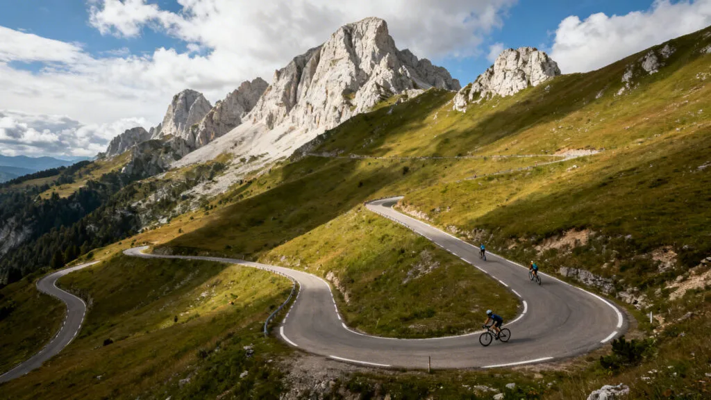 Route en lacets avec sommets calcaires en arrière-plan