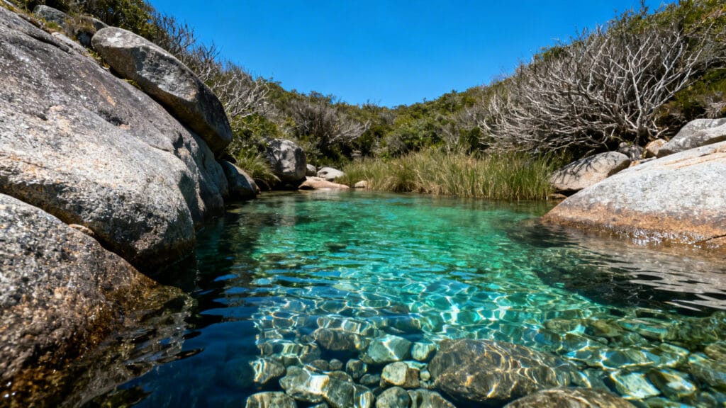 Eau émeraude et rochers granitiques sous le soleil