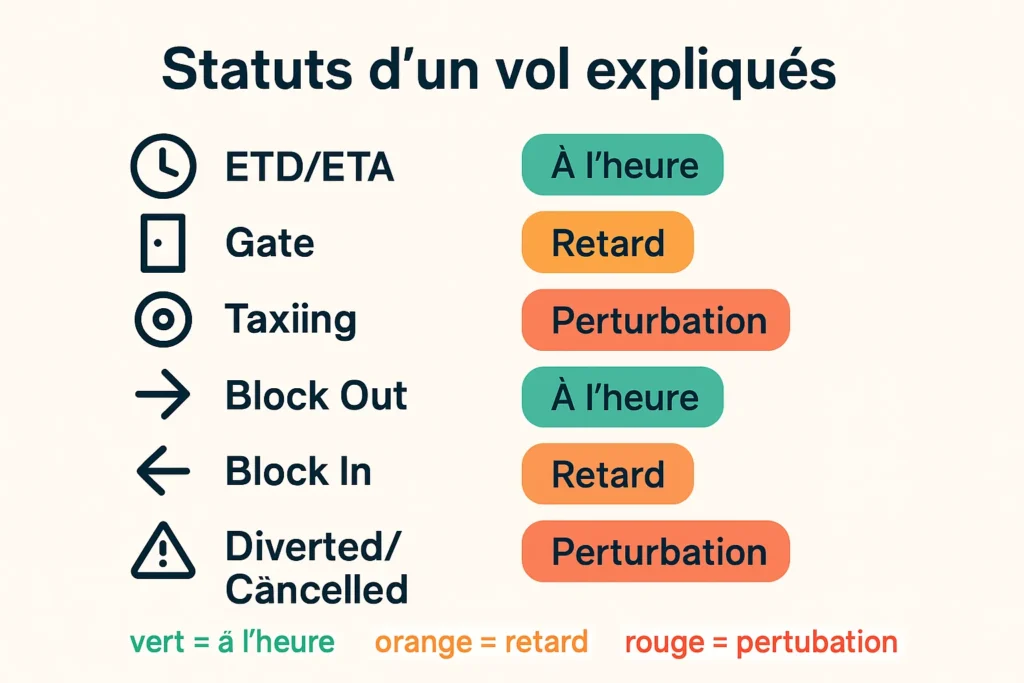Schéma des statuts ETD, ETA, gate, taxi et dérouté