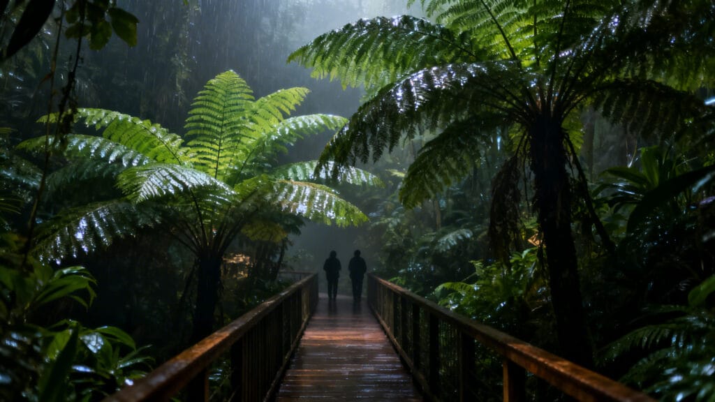 Serre tropicale immersive avec grandes feuilles et passerelle
