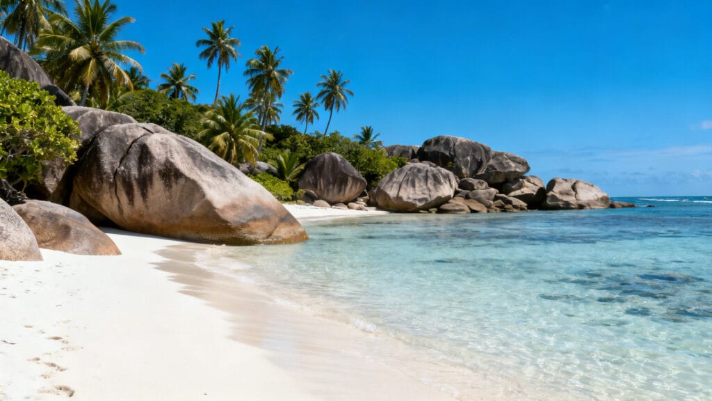 Plage aux rochers granitiques et eau translucide