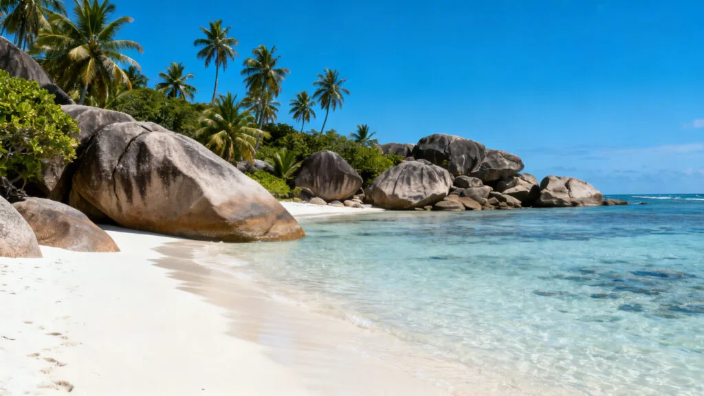 Plage aux rochers granitiques et eau translucide