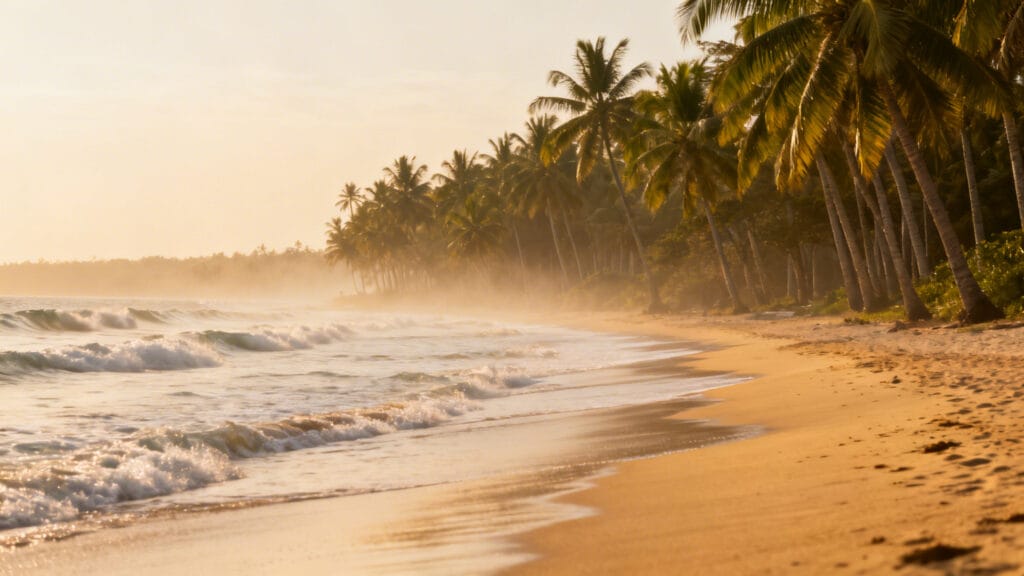 Plage dorée bordée de palmiers, houle légère