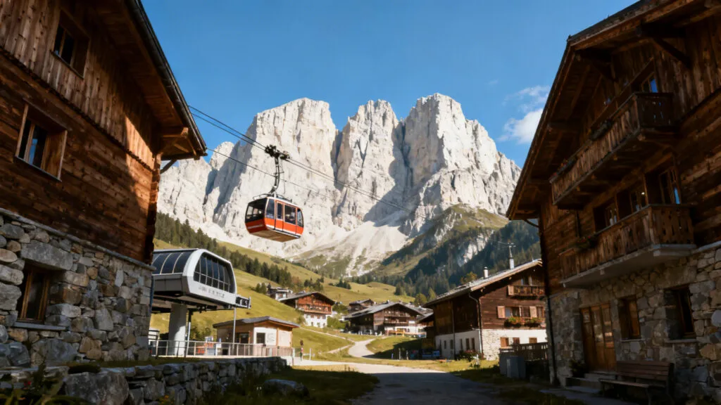 Station de montagne avec téléphérique et sommets dolomitiques