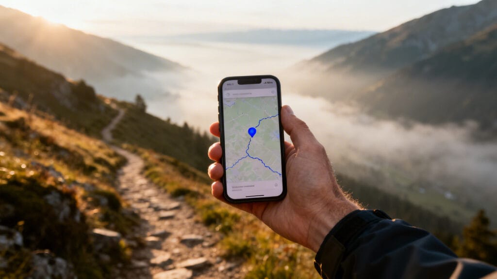Smartphone en montagne avec suivi GPS itinéraire hors ligne