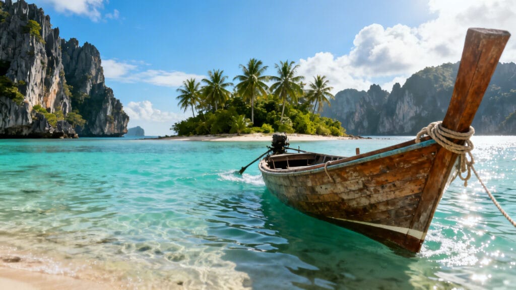 Bateau en bois sur eau turquoise, îlot tropical