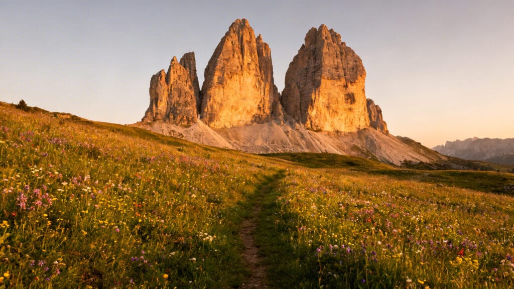 Tours rocheuses et sentier fleuri au coucher du soleil