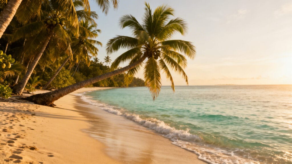 Cocotiers penchés et plage dorée, mer tiède
