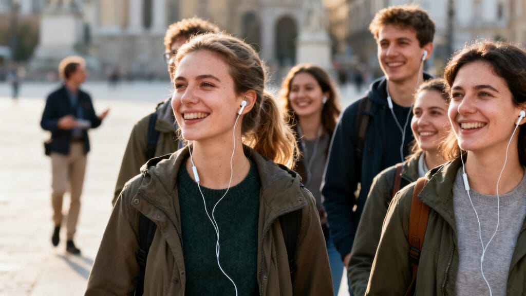 Voyageurs satisfaits pendant une visite guidée urbaine