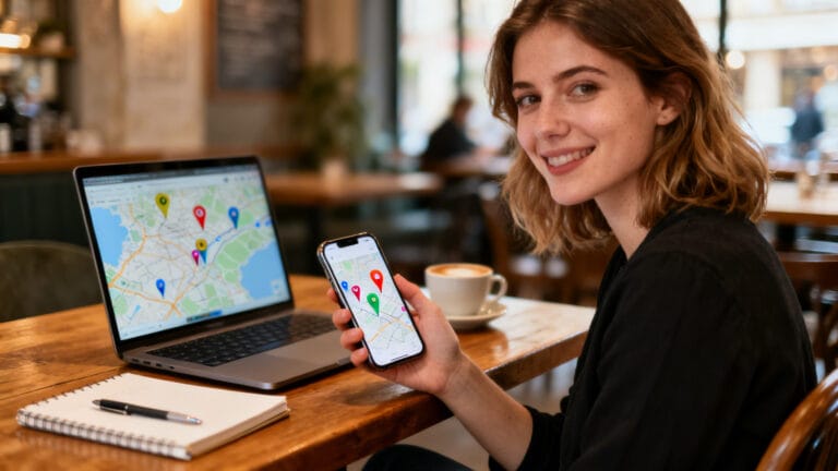 Voyageuse planifiant un itinéraire avec Wanderlog sur mobile