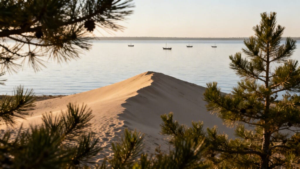 Dune de sable surplombant un bassin calme et pins