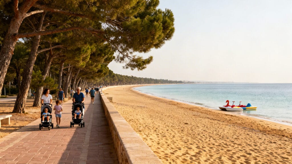 Grande plage familiale avec pinède et mer calme