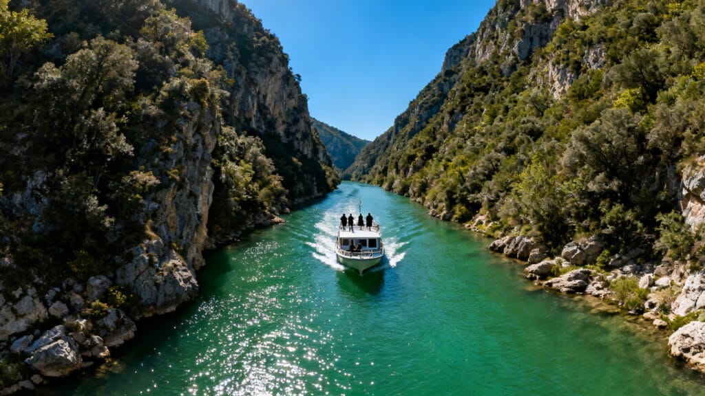 Traversée en bateau dans des gorges verdoyantes