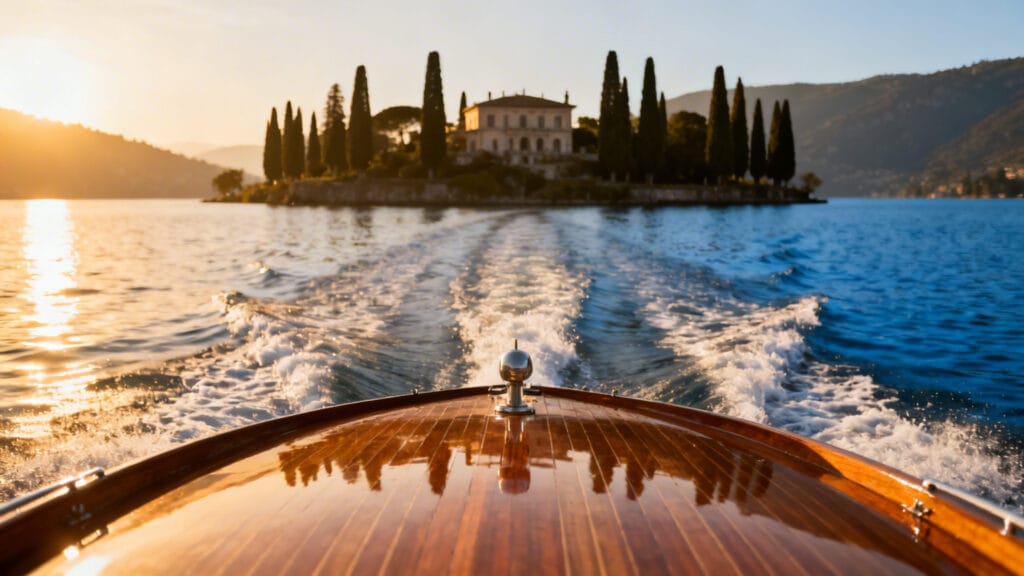 Bateau-taxi approchant une péninsule bordée de cyprès