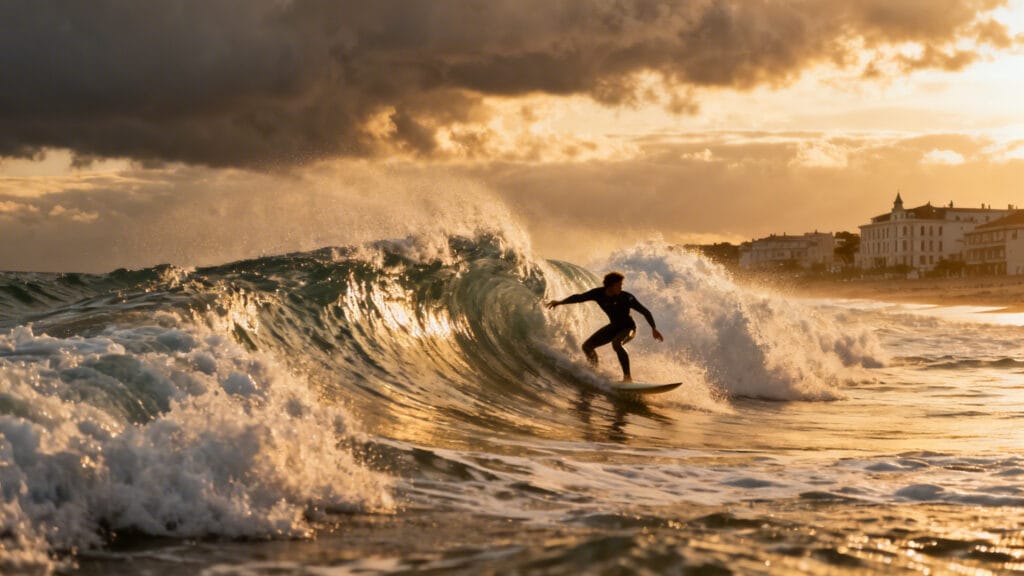 Surfeur sur vague devant front de mer élégant atlantique