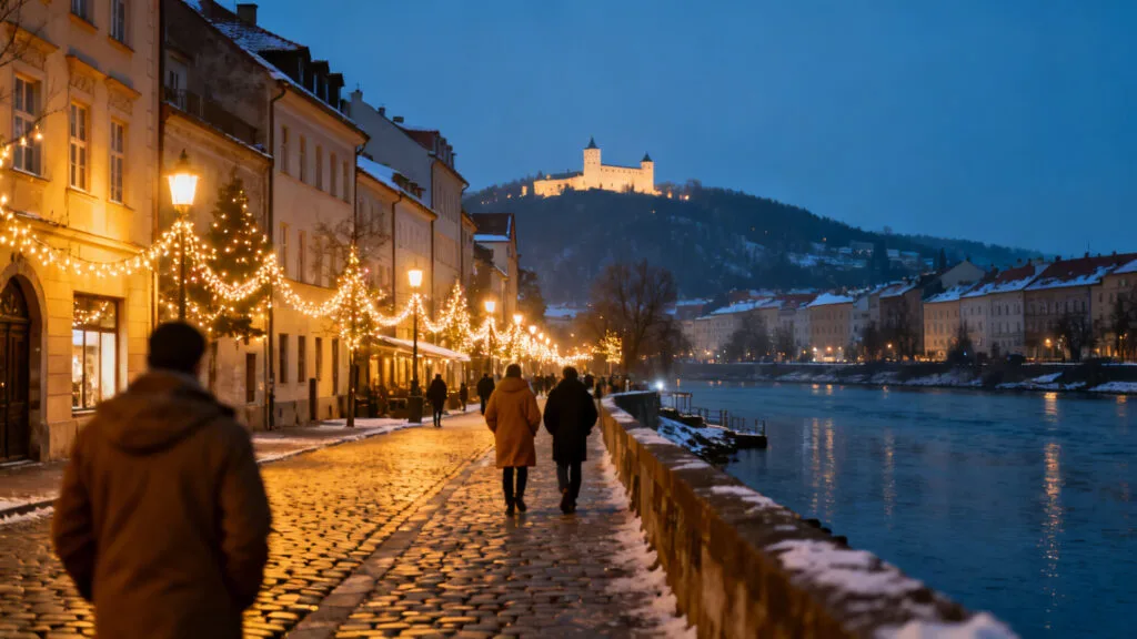 Vieille ville, lumières de Noël et fleuve calme