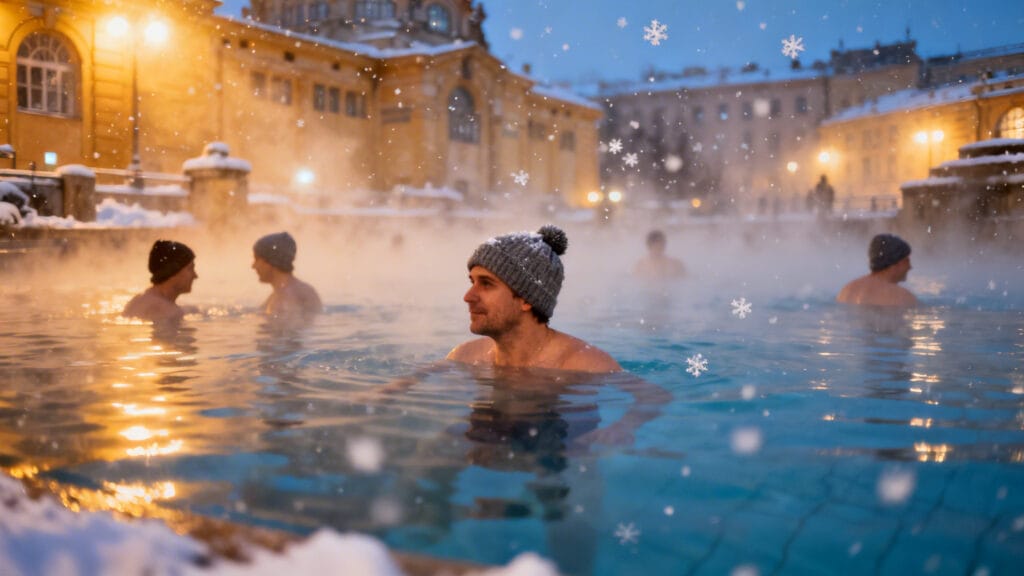 Bassin thermal fumant, ambiance d’hiver apaisante