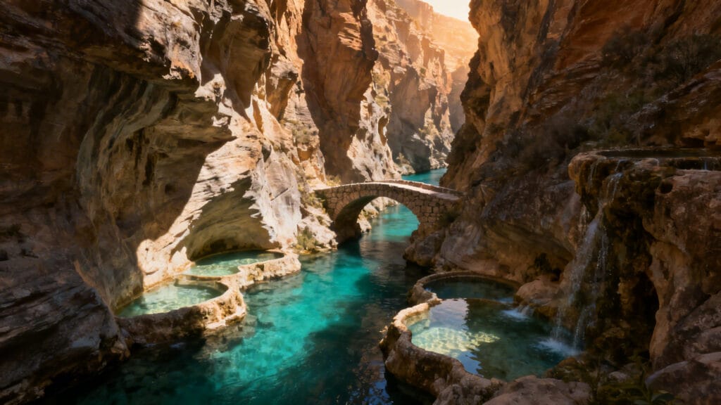 Canyon, rivière turquoise et bains naturels