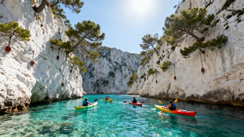 Calanque turquoise avec falaises calcaires et kayaks