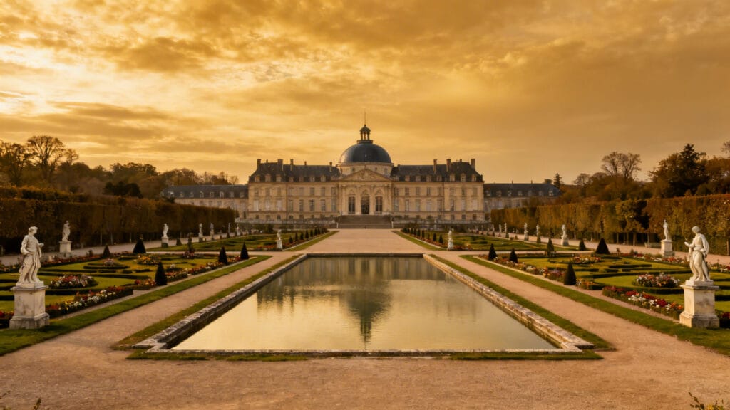 Château classique et perspectives de jardins ordonnés