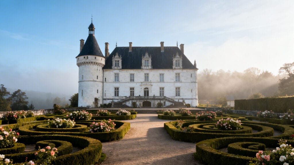 Château de conte avec tours et terrasses en jardin