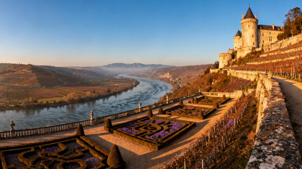 Terrasses de château surplombant une large rivière