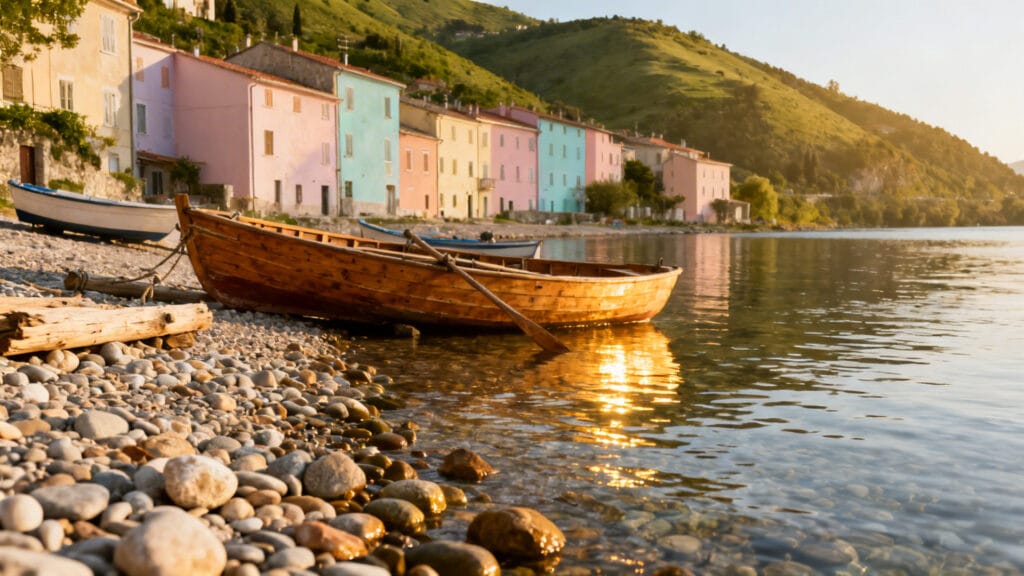 Petite crique méditerranéenne aux façades pastel et barques