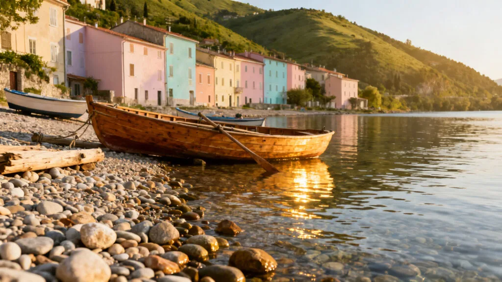 Petite crique méditerranéenne aux façades pastel et barques